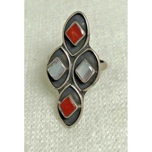 Old Pawn Sterling Silver Red Coral and Mother of Pearl Ring - Vintage - Size 7